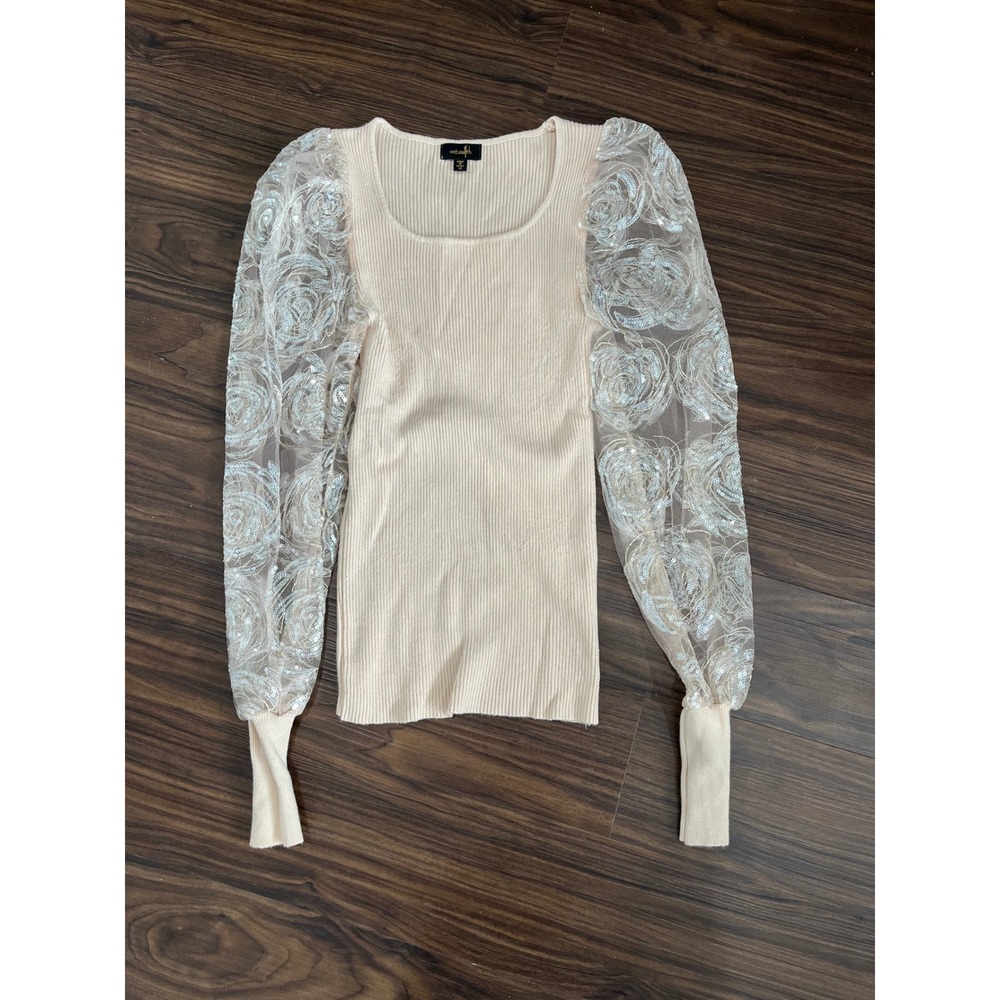 On Twelfth Cream Ribbed Knit Sequin Rose Mesh‎ Puff Sleeve Top XS 1223226V